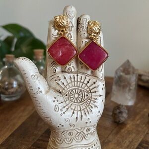 Natural Gem Stone Pink Geometric Earrings with Gold Frame